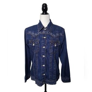 Cindy Ambuehl Women's Jean Jacket Size M Y2K Silver Embroidered Sequins Crystals